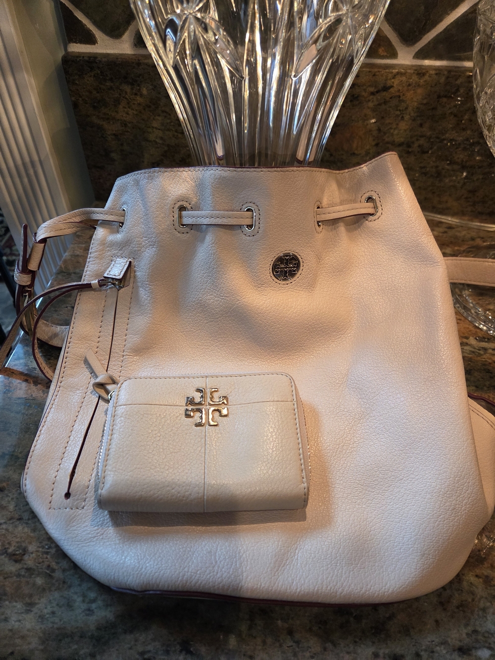 Tory Burch Cream Drawstring Bucket Bag with Wallet